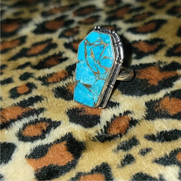 Hand Crafted Jewelry - Coffin Cut Copper Turquoise Ring Size 7.75 / 925 Sterling Silver